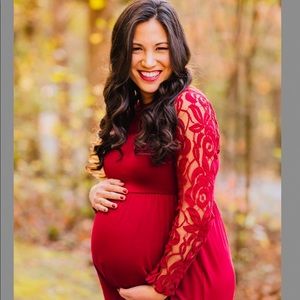 PinkBlush Lace Sleeve Maternity Maxi Dress